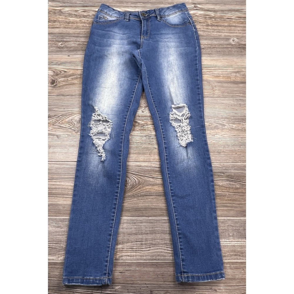 YMI WannaBettaButt Junior's Skinny‎ Jeans Size 9 Blue Mid Rise  Distressed